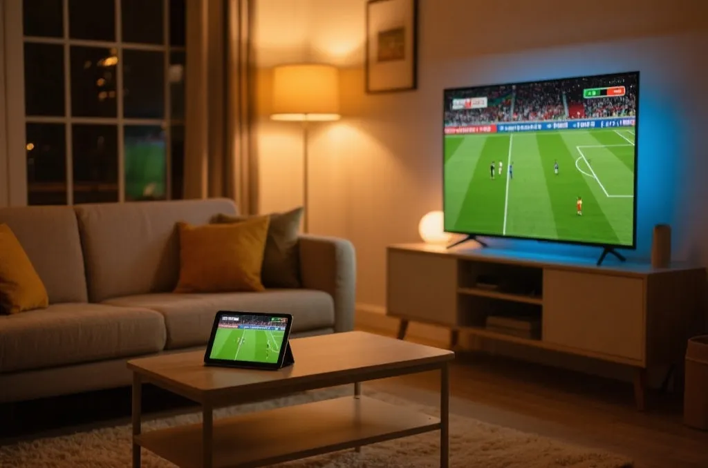 A cozy living room with a smart TV displaying a soccer match and a tablet syncing the same match on a coffee table, warm lighting